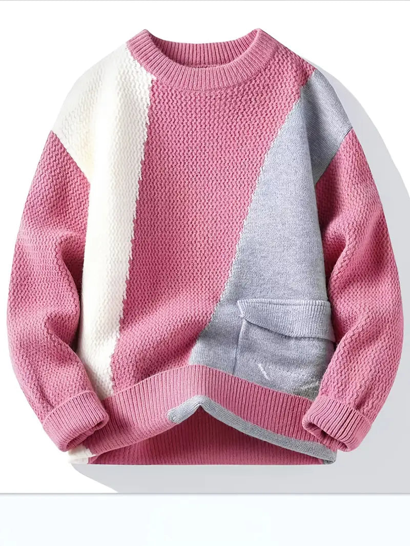 Color Block Knitted Sweater – Pink & Gray