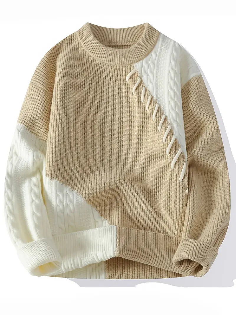 Two-Tone Patchwork Knitted Sweater – Beige & Ivory