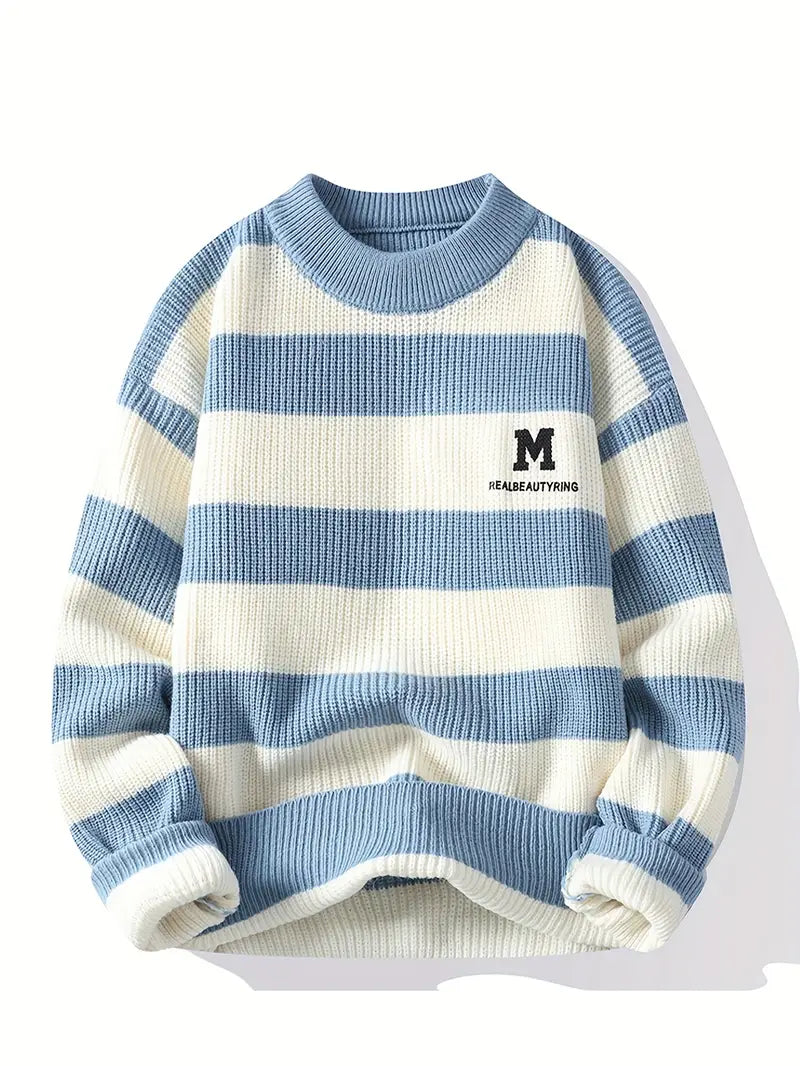 Striped Knitted Sweater – Sky Blue & Cream