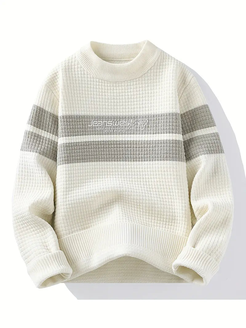 Textured Knit Sweater – Cream & Gray Block Stripe