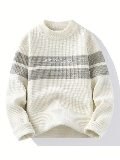 Textured Knit Sweater – Cream & Gray Block Stripe
