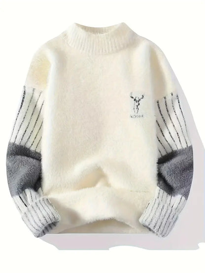 Deer Embroidered Knitted Sweater – Cream & Gray