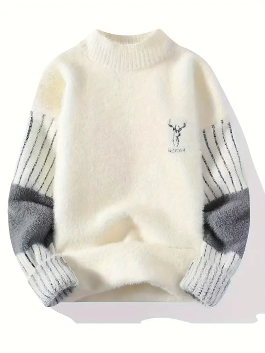 Deer Embroidered Knitted Sweater – Cream & Gray