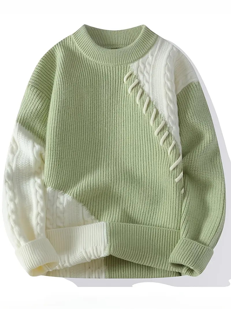 Two-Tone Patchwork Knitted Sweater – Beige & Ivory