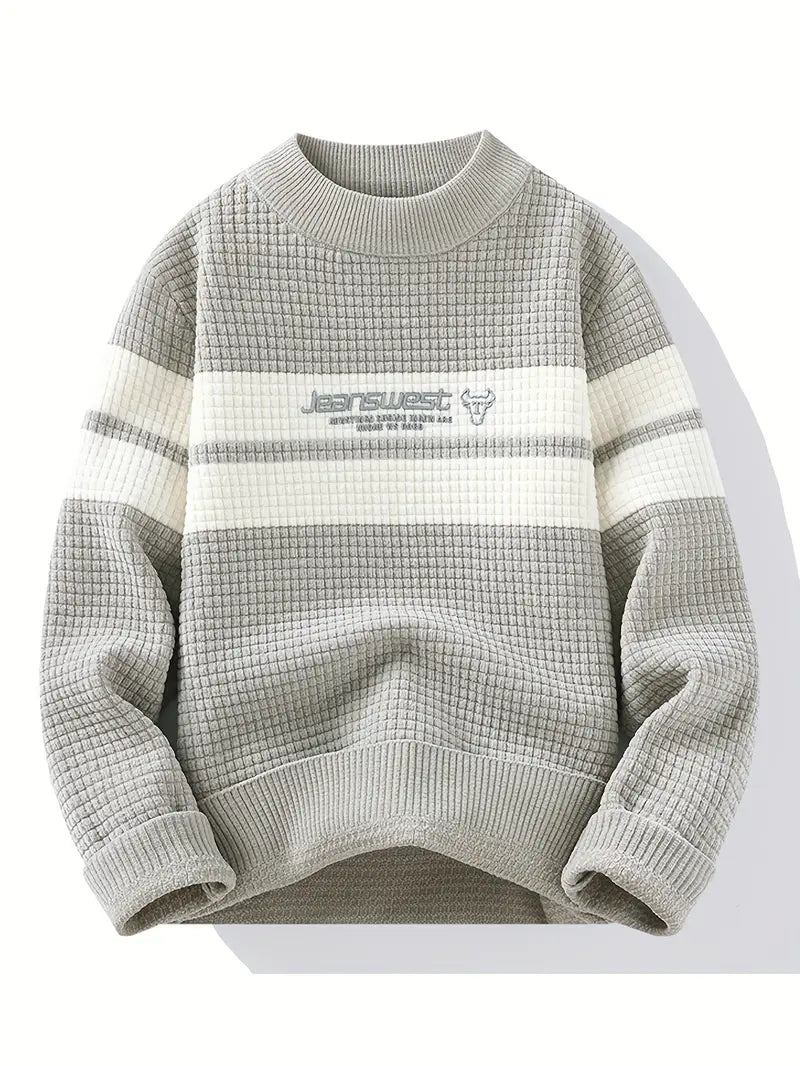 Textured Knit Sweater – Cream & Gray Block Stripe