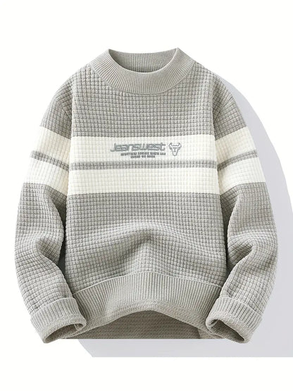 Textured Knit Sweater – Cream & Gray Block Stripe
