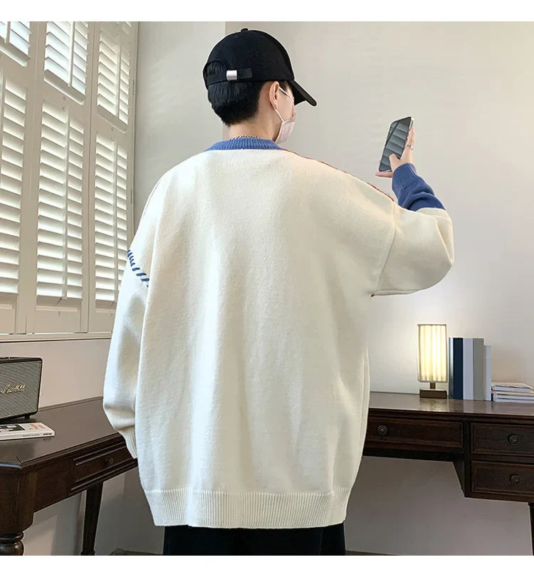 Oversized Men’s Knit Sweater – Color Block Design