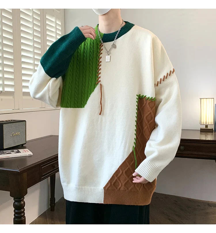 Oversized Men’s Knit Sweater – Color Block Design