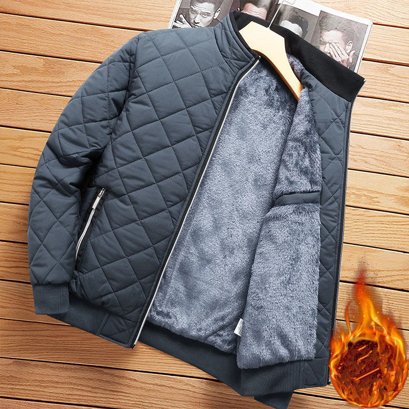 2025 Men’s Slim Fit Diamond Pattern Bomber Jacket – Fleece Lined Coat