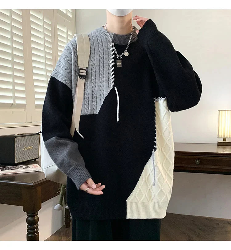Oversized Men’s Knit Sweater – Color Block Design