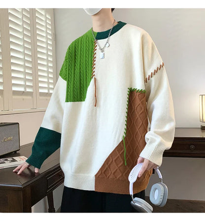 Oversized Men’s Knit Sweater – Color Block Design