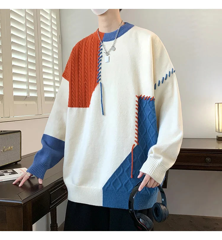 Oversized Men’s Knit Sweater – Color Block Design