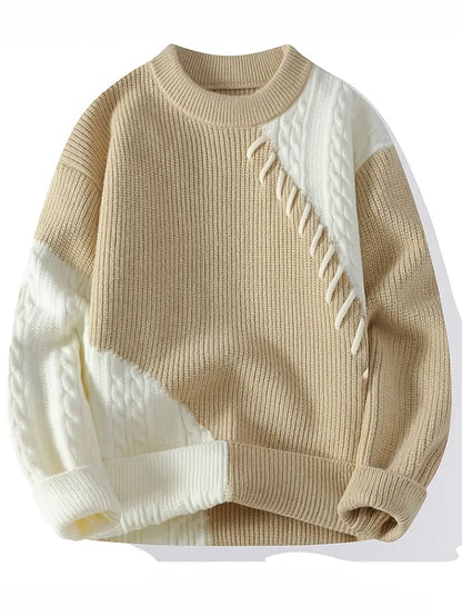 Two-Tone Patchwork Knitted Sweater – Beige & Ivory