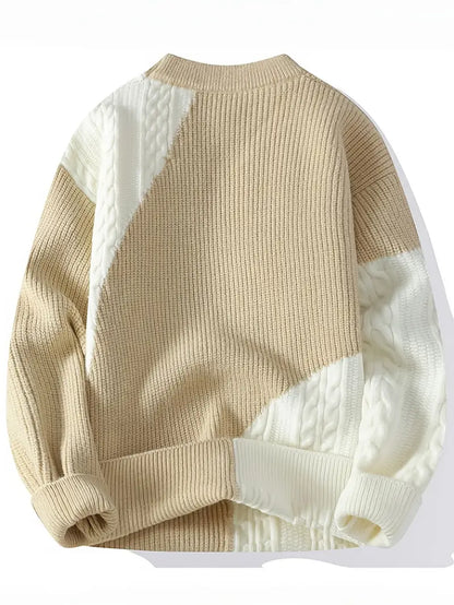 Two-Tone Patchwork Knitted Sweater – Beige & Ivory