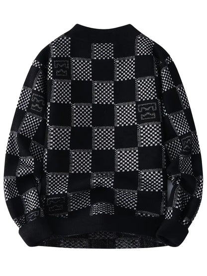 Monochrome Checkered Knit Sweater – Unisex Streetwear Vibe