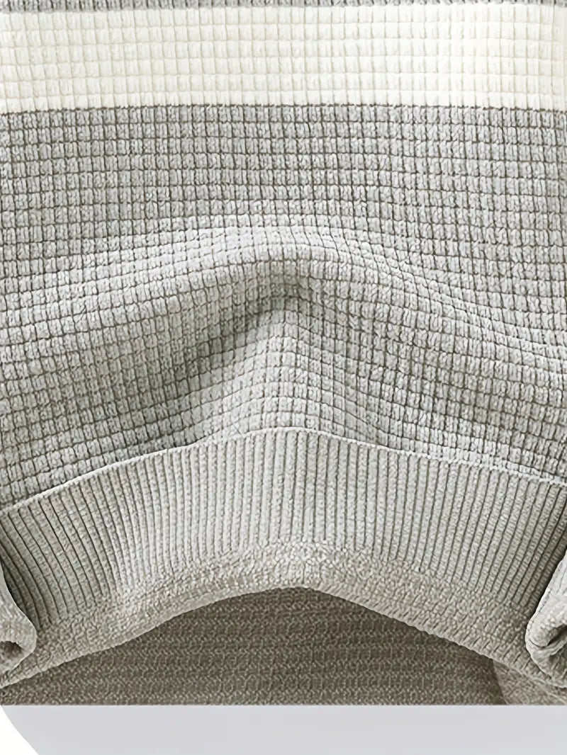 Textured Knit Sweater – Cream & Gray Block Stripe